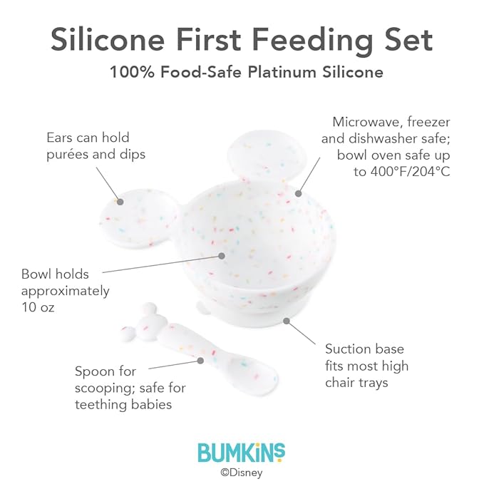 Bumkins Disney Baby Bowl, Silicone Feeding Set with Suction for Baby and Toddler, Includes Spoon, First Feeding Set, Essentials for Baby Led Weaning, Babies Eating 4 Months Up, Mickey Mouse Vanilla