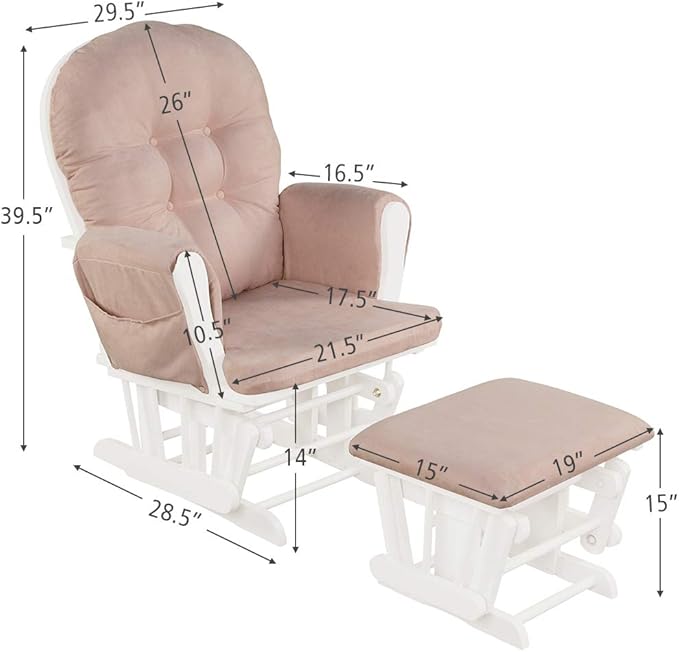 Costzon Nursery Glider with Ottoman, Upholstered Comfort Glider Rocker with Padded Cushion, Storage Pocket, Solid Wood Base, Rocking Chair Nursery for Breastfeeding, Maternity, Napping (Pink)