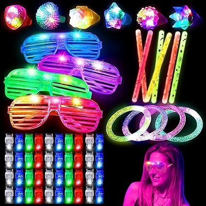 60pcs LED Light Up Toys Party Favours Glow in the Dark Party Supplies for Kid/Adults Halloween with 40 Finger Lights, 6 Jelly Rings,4 Flashing Glasses, 4 Glow