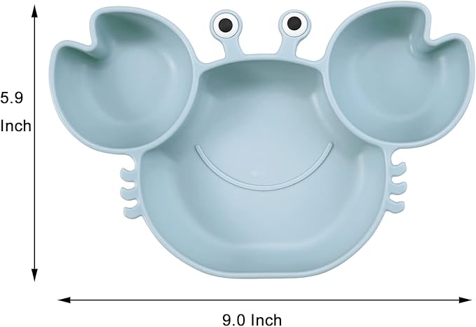 PandaEar 2 Pack Silicone Suction Plate for Baby, Divided Unbreakable Toddler Food Plate with 2 Pack Spoons for Self Feeding, Toddler Utensils Feeding Set Baby Eating Supplies, Crab Shape -Blue&Green