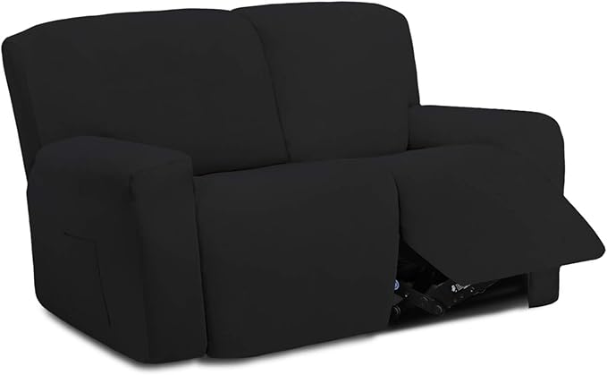 Easy-Going 6 Pieces Microfiber Stretch Sectional Recliner Sofa Slipcover Soft Fitted Fleece 2 Seats Couch Cover Washable Furniture Protector with Elasticity for Kids(Recliner Loveseat, Black)
