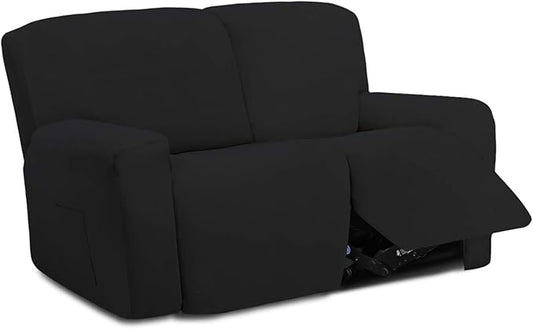 Easy-Going 6 Pieces Microfiber Stretch Sectional Recliner Sofa Slipcover Soft Fitted Fleece 2 Seats Couch Cover Washable Furniture Protector with Elasticity for Kids(Recliner Loveseat, Black)