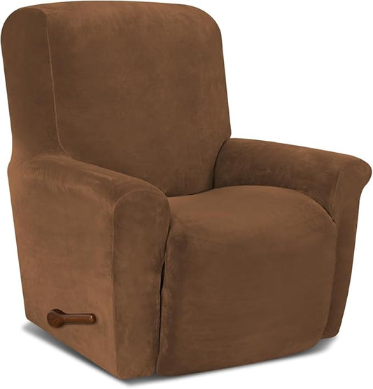 AZON Velvet Stretch Recliner Chair Cover,1-Piece Washable Recliner Couch Cover with Elastic Furniture Protector for Pets, Kids(Recliner, Camel)