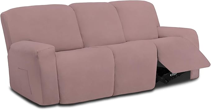 Easy-Going 8 Pieces Microfiber Stretch Sectional Recliner Sofa Slipcover Soft Fitted Fleece 3 Seats Couch Cover Washable Furniture Protector with Elasticity for Kids Pet(Recliner Sofa, Pink)