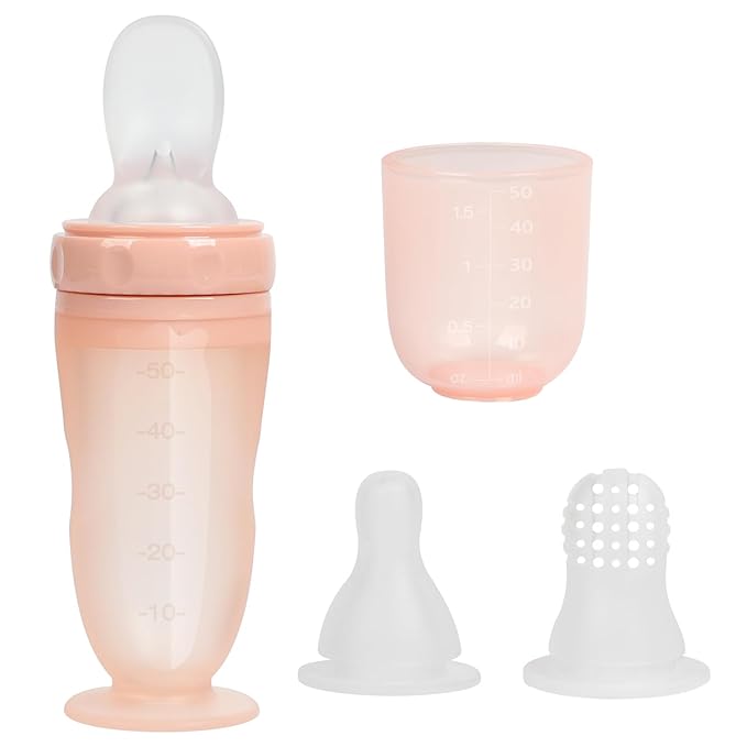 Baby Multifunctional Complementary Food Bottle, Silicone Milk Bottle 3-in-1, Including Dispensing Spoon, Regular Nipple and Fruit Puree Feeding Nipple, Auxiliary Weaning Bottle