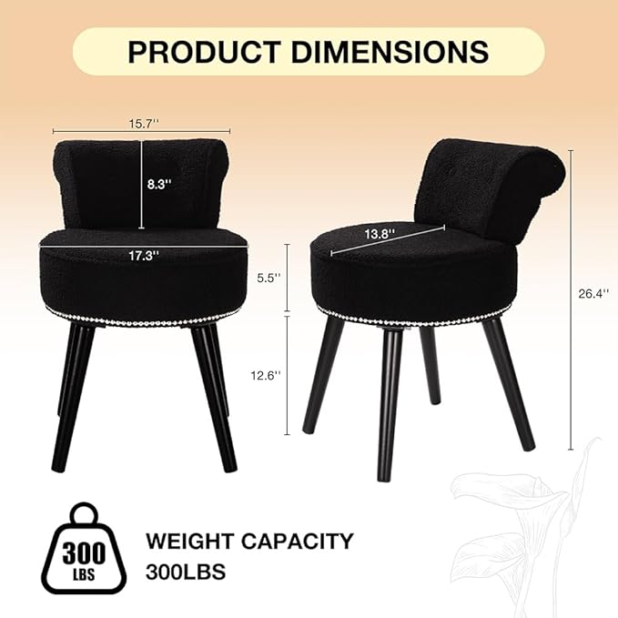 Sherpa Vanity Chair with Back Small Makeup Chair with Wood Legs Teddy Vanity Stool Tufted Accent Chairs with Low Back Makeup Chair for Vanity for Women Girl and Kids (Black)