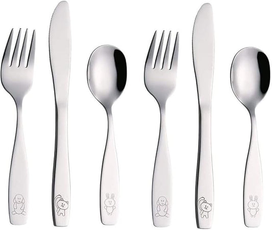 ANNOVA Children's Flatware 6 Pieces Set - Stainless Steel Cutlery/Silverware 2 x Safe Forks, 2 x Dinner Knife, 2 x Dinner Spoon - Safe Kids Toddler Utensils Lunch Box (Engraved Dog Cat Bunny)