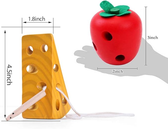 Early Development Toys Wooden Lacing Toys, Montessori Activity Caterpillars Eat Apple and Kids Cheese Toys, Children Learning Educational Wood Block Puzzles Toy for Toddlers Boys Girls