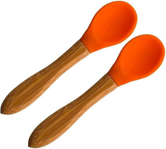 Babynow Bamboo Baby Spoons Self-Feeding Supplies for 6+ Months Babies & Toddlers in Bamboo & Soft Tip Designs ORANGE Pack of 2