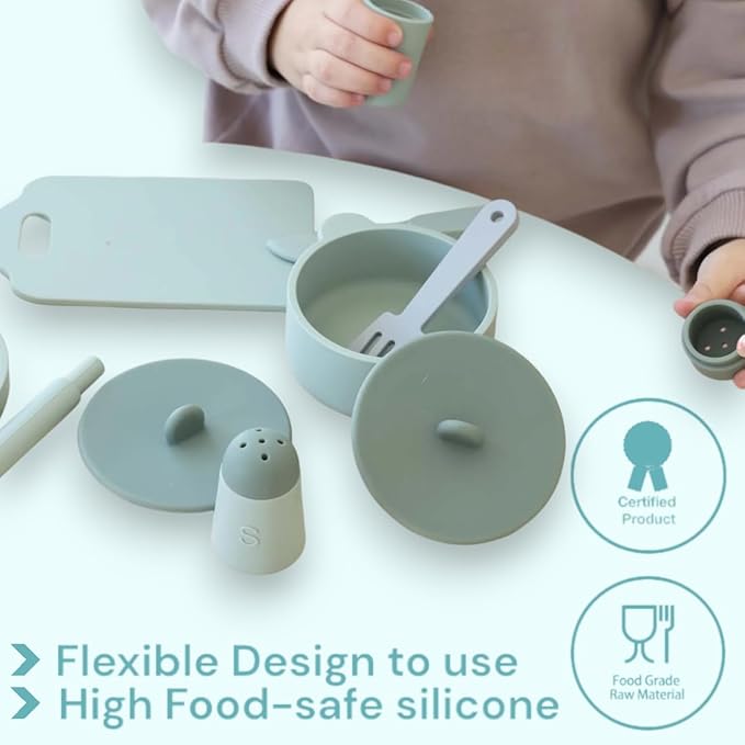 Kids Kitchen Silicone Pretend Toys- 9pcs Play Kitchen Accessories Set with Cookware -Food Grade Silicone -Kids Toy Kitchen Accessories – Pretend Play Kitchen Toy Set for Cooking-Green