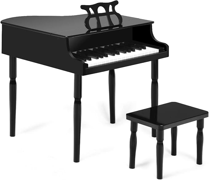 HONEY JOY Classical Kids Piano, 30-Key Mini Grand Piano with Music Stand and Bench, Wooden Musical Instrument Toy w/Lid & Music Rack, Gift for Boys Girls Ages 3+ (4 Straight Leg-Black)