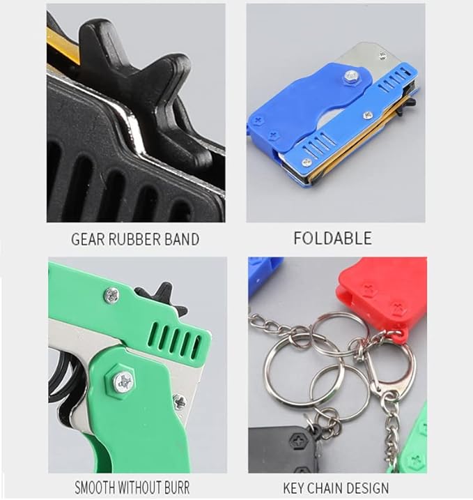 Kids Toys Cool Keychain Rubber Band Mini Metal Folding Rubber Launcher Toy with 60 Elastic Rubber Bands for Game Outdoor Activities (Black)