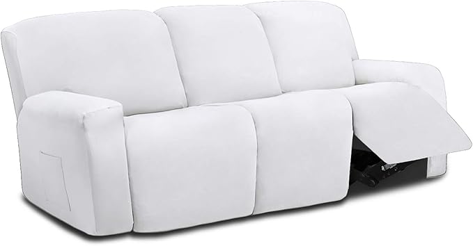 Easy-Going 8 Pieces Microfiber Stretch Sectional Recliner Sofa Slipcover Soft Fitted Fleece 3 Seats Couch Cover Washable Furniture Protector with Elasticity for Kids Pet(Recliner Sofa, Snow White)