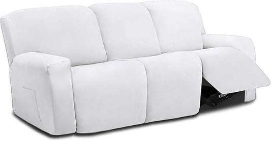 Easy-Going 8 Pieces Microfiber Stretch Sectional Recliner Sofa Slipcover Soft Fitted Fleece 3 Seats Couch Cover Washable Furniture Protector with Elasticity for Kids Pet(Recliner Sofa, Snow White)