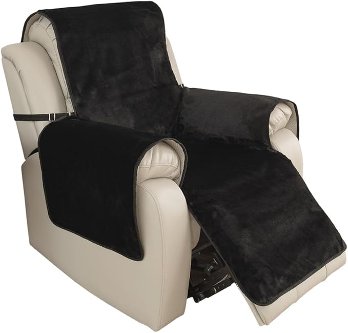 RBSC Home Waterproof Faux Fur Recliner Covers - Black Antislip Recliner Chair Slipcover Faux Rabbit Plush Furniture Protector with Elastic Straps for Kids, Dogs, Pets