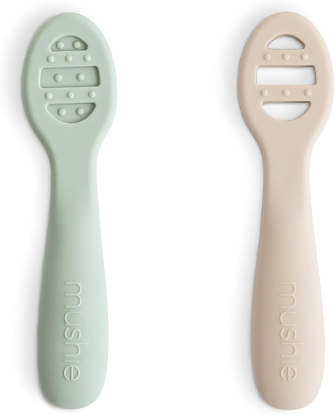 mushie Silicone First Feeding Baby Spoons | 2 Pack (Cambridge Blue/Shifting Sand)