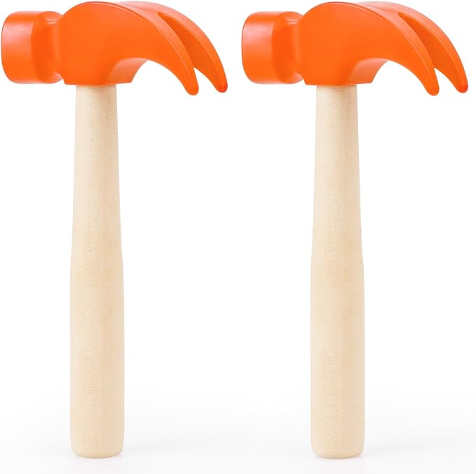 2 Pack Wooden Hammer Toys Simulation Hammers Maintenance Tools Educational Toys for Kids Birthday Party Games Supplies (Orange)
