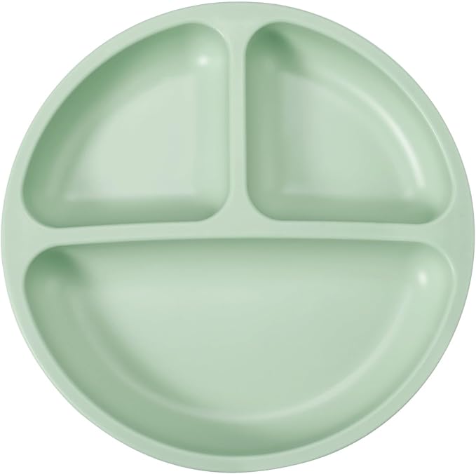PandaEar Silicone Baby Feeding Set| 2 Pack Silicone Divided Suction Plate with 2 Pack Spoons | Baby Led Weaning Supplies Self Feeding Eating Utensils (Green/Grey)