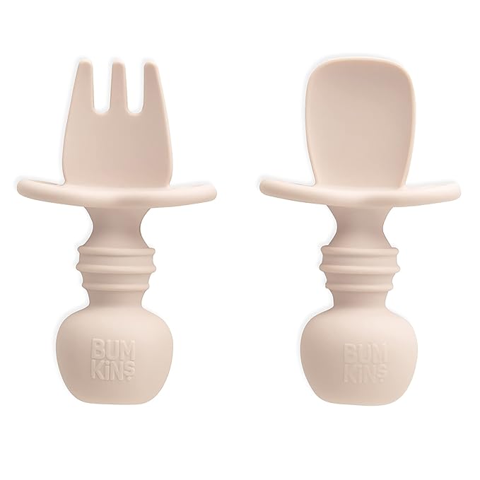 Bumkins Baby Utensils Set, Chewtensils Silicone Spoons for Dipping, Self-Feeding, Baby Led Weaning, Trainer Learning, First Stage Eating, Soft Practice Fork and Spoon, Babies 6 Months, Sand Beige