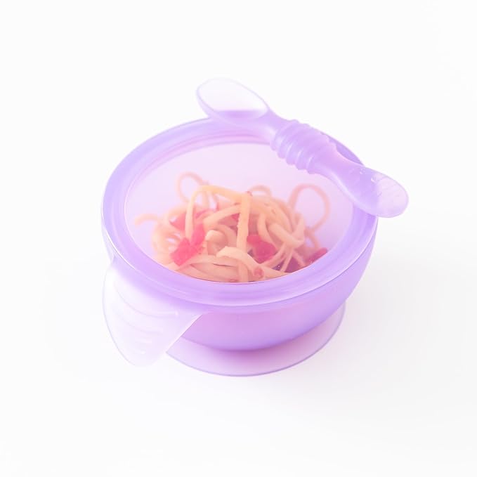 Bumkins Baby Bowl, Silicone Feeding Set with Suction for Baby and Toddler, Includes Spoon and Lid, First Feeding Set, Training Essentials for Baby Led Weaning for Babies 4 Months Up, Purple Jelly