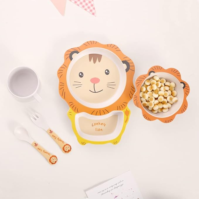 Kids Dinnerware Set Bamboo 5 Pcs with Plate Bowl Cup Fork Spoon (Lion)