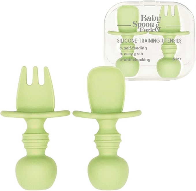 Silicone Baby Spoon and Fork Set with Custom Travel Case, Self Feeding, BPA Free, Anti-Choke (Sage green)