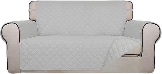 PureFit Reversible Quilted Sofa Cover, Water Resistant Furniture Protector, Washable Couch Cover with Non Slip and Elastic Straps for Kids, Dogs, Pets (Oversized Loveseat, Light Gray/Light Gray)