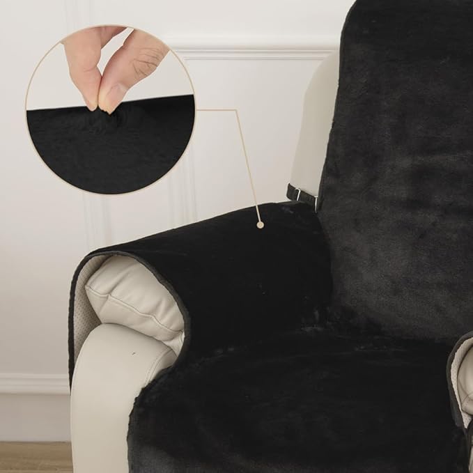 RBSC Home Waterproof Faux Fur Recliner Covers - Black Antislip Recliner Chair Slipcover Faux Rabbit Plush Furniture Protector with Elastic Straps for Kids, Dogs, Pets