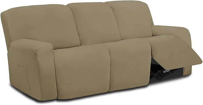 Easy-Going 8 Pieces Microfiber Stretch Sectional Recliner Sofa Slipcover Soft Fitted Fleece 3 Seats Couch Cover Washable Furniture Protector with Elasticity for Kids Pet(Recliner Sofa, Dark Linen)