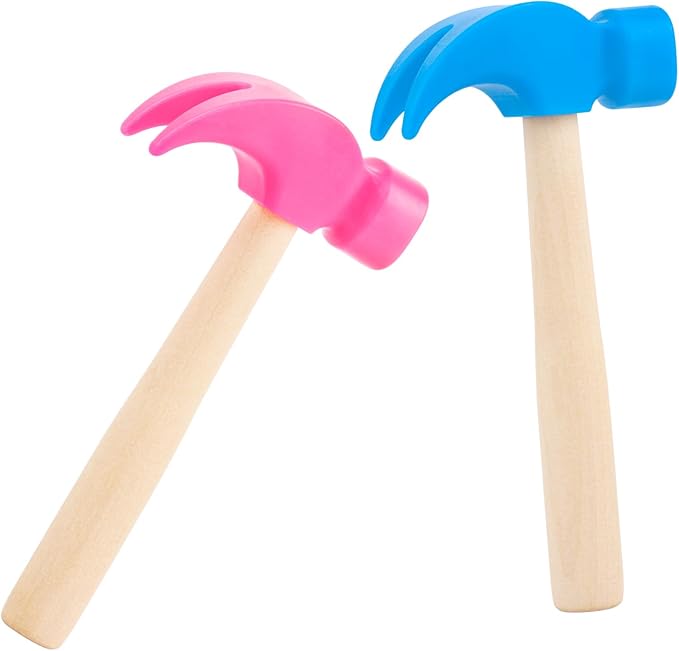 2 Pack Wooden Hammer Toys Simulation Hammers Maintenance Tools Educational Toys for Kids Birthday Party Games Supplies (Blue + Rose Red)