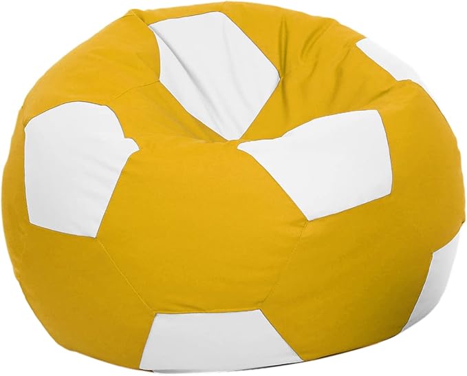 Ample Decor Soccer Bean Bag Cover (Filler Not Included), Leatherette Durable Double Stitched Material Sturdy Zippers, Ideal for Children and Teenagers - White and Yellow