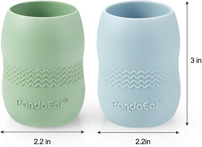 PandaEar Silicone Baby Feeding Set| 2 Pack Silicone Divided Suction Plate and 2 Pack Tiny Cup with 2 Spoons 2 Forks| Baby Led Weaning Supplies Self Feeding Eating Utensils (Blue/Green)