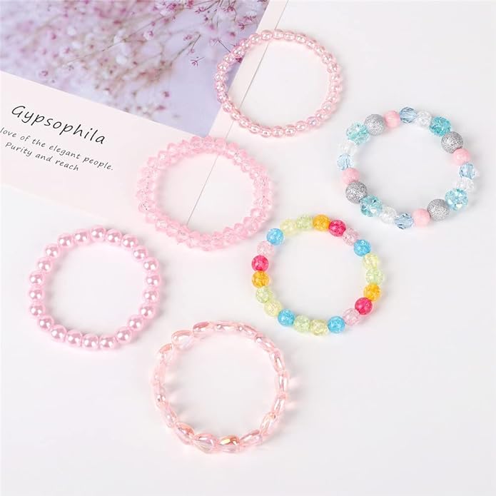 6 Pieces Princess Bracelets,Rainbow Stretchy Bead Bracelets Pink Love Bracelet,Girls Costume Jewelry Set