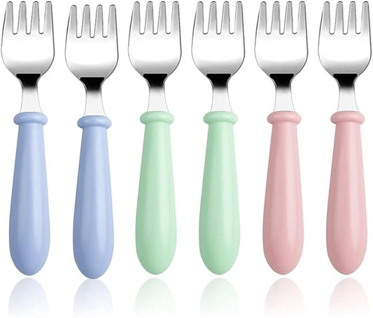 Pimoys 6 Pieces Toddler Forks Baby Forks for Self Feeding, Kids Forks with Round Handle, Stainless Steel Toddler Utensils Children's Safe Silverware Set BPA Free, Dishwasher Safe