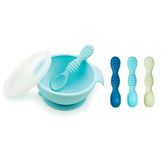 Bumkins Baby Bowl, Silicone Feeding Set with Suction for Baby and Toddler, Includes 4 Spoons and Lid, First Feeding Set, Training Essentials for Baby Led Weaning for Babies 4 Months Up, Blue