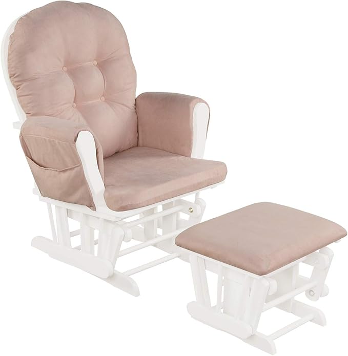 Costzon Nursery Glider with Ottoman, Upholstered Comfort Glider Rocker with Padded Cushion, Storage Pocket, Solid Wood Base, Rocking Chair Nursery for Breastfeeding, Maternity, Napping (Pink)
