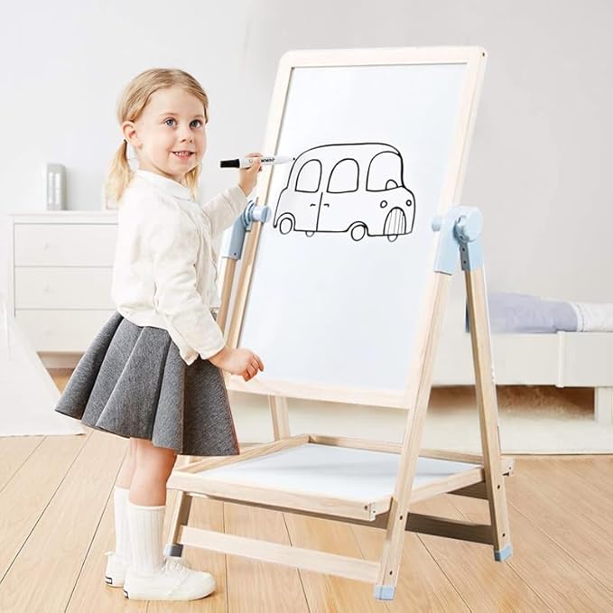 Adena Montessori Art Easel for Kids, 2 in 1 Adjustable Wooden Standing Art Easel & Toys Table Montessori Learning Furniture for 3-8 Years Old Children