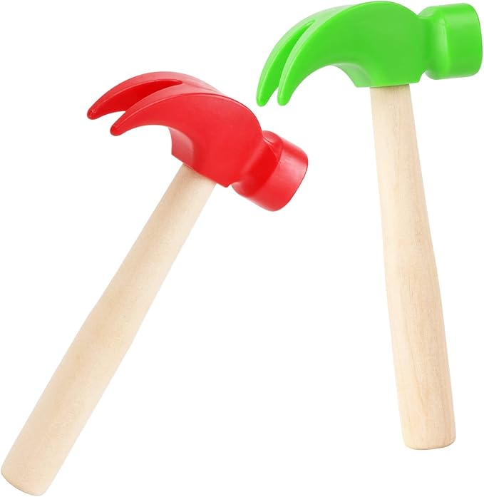 2 Pack Wooden Hammer Toys Simulation Hammers Maintenance Tools Educational Toys for Kids Birthday Party Games Supplies (Red + Green)