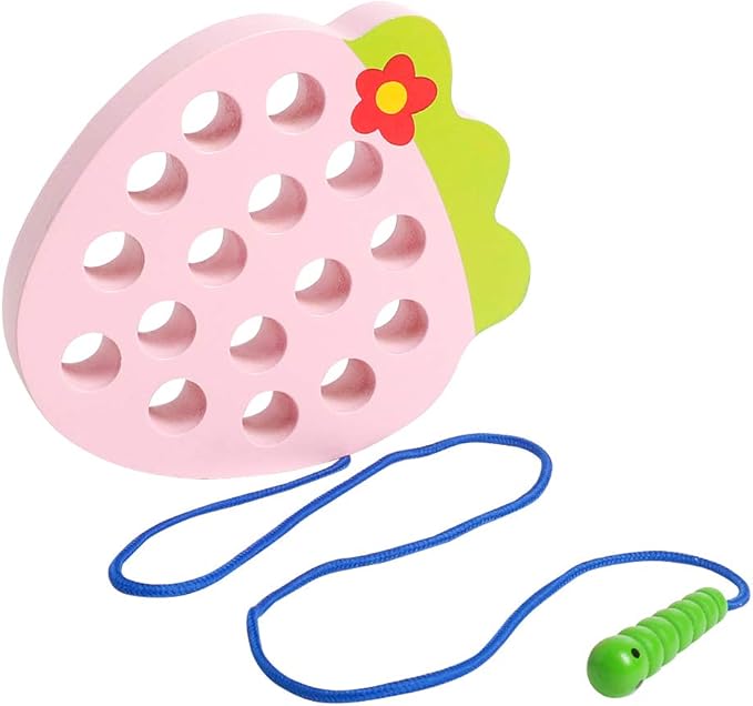 Skrtuan Wooden Lacing Threading Toys Wood Block Puzzle Car Airplane Travel Game Montessori Early Development Fine Motor Skills Educational Gift for 3 4 5 Years Old Toddlers Baby Kids, 1 Strawberry