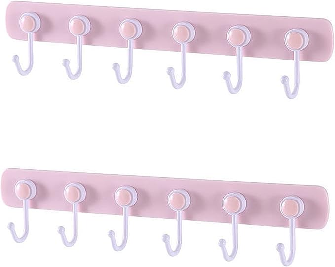 Kids Coat Rack Wall Mount, Adhesive Wall Hooks with 6 Rotating Hooks for Hanging Clothes Cooking Towels, Pink Decorative Hangers for Girls Bedroom, Bathroom, Office (Pink 2 Pack)