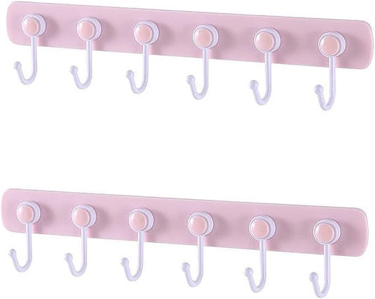 Kids Coat Rack Wall Mount, Adhesive Wall Hooks with 6 Rotating Hooks for Hanging Clothes Cooking Towels, Pink Decorative Hangers for Girls Bedroom, Bathroom, Office (Pink 2 Pack)