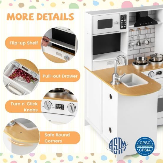 Kids Corner Play Kitchen, Wooden Toy Kitchen Set with Lights & Sounds, Pretend Play Kitchen for Kids with Kitchen Accessories,11-in-1 Toddler Kitchen Gifts for Ages 3+