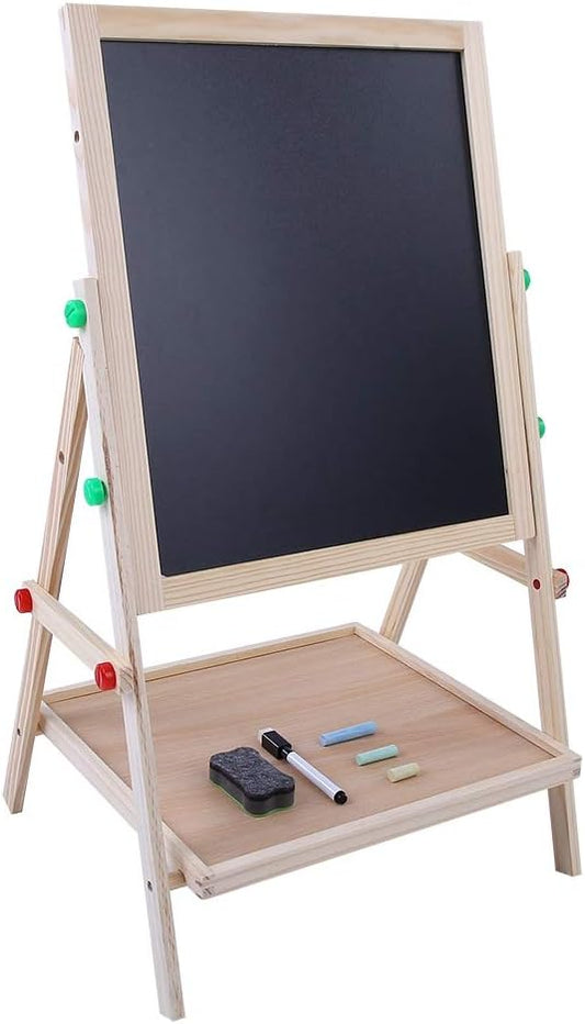 2-in-1 Easel for Kids, Height Adjustable Double Sided Art Painting Activity Easel Standing Wooden Dry Erase Board with Whiteboard Chalkboard for Toddlers Boys Girls
