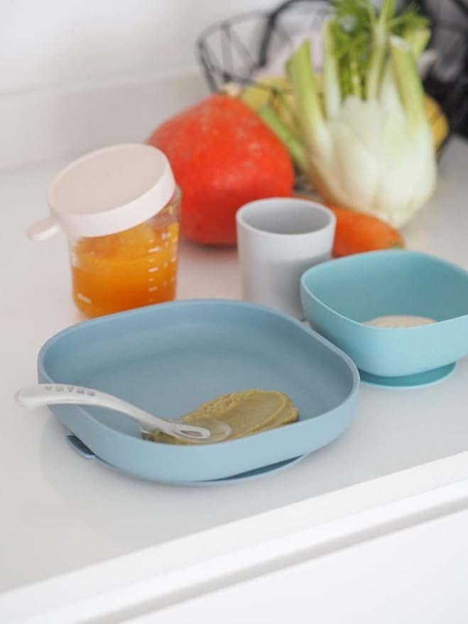 BEABA Silicone 4 Piece Baby Feeding Set, Suction Plates for Baby, Includes Plate, Bowl, Cup, 2nd Stage Silicone Spoon, High Grade Food Safe Silicone, Rain