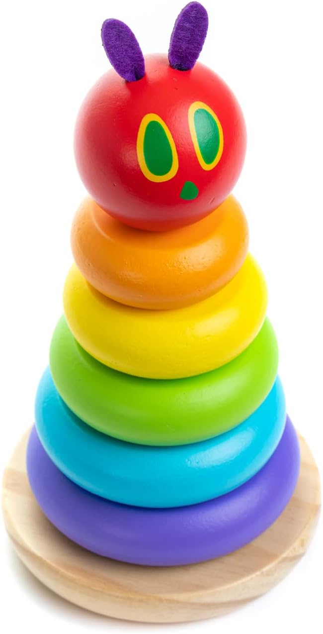 KIDS PREFERRED World of Eric Carle, The Very Hungry Caterpillar Wooden Stacker with Colorful Rainbow Rings, 7 Inch Stacking Solid Wood Educational Developmental Toy –Sorting and Stacking, Multicolor
