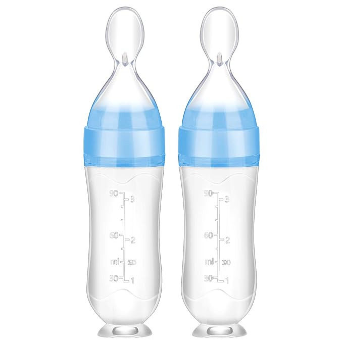 Nuanchu Baby Food Feeder Silicone Squeeze Feeding Spoon Toddler Food Feeder Dispensing Spoon Suction Cup Design Feeder (Blue)