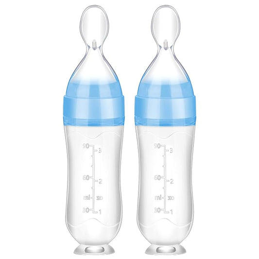 Nuanchu Baby Food Feeder Silicone Squeeze Feeding Spoon Toddler Food Feeder Dispensing Spoon Suction Cup Design Feeder (Blue)