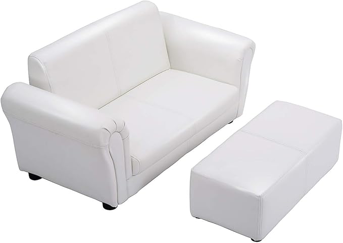 Costzon Kids Couch with Footstool, 2 in 1 Double Seat Children's Sofa w/PU Leather Surface, Armrest Chair Lounge, Soft Kids Sofa for Preschool Bedroom Kids Room Toddlers Boys Girls Birthday (White)