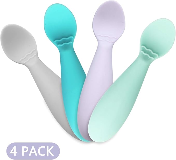 PandaEar Baby Infant Spoons BPA Free, 4-Pack, Soft Silicone, Self Feeding Fat Handle Utensil