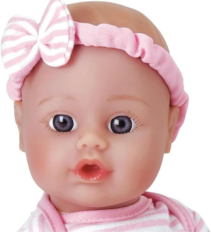 Adora Amazon Exclusive Soft & Cuddly Sweet Baby Girl, 11” Adorable Baby Doll with Bright Blue Eyes and Blonde Painted Hair, Includes Headband and Pink Stripe Birthday Gift For Ages 1 and Up